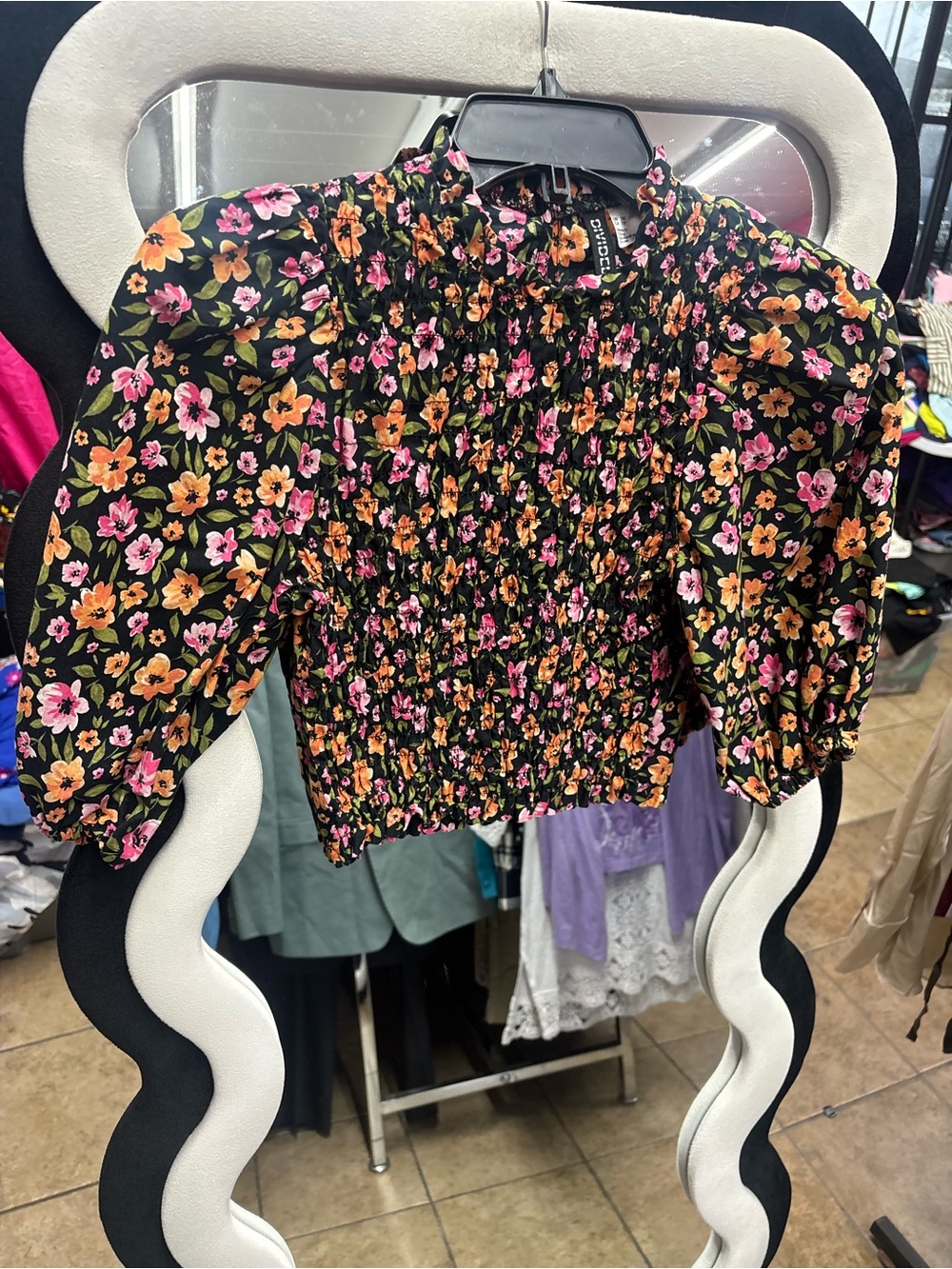 Divided Black Smocked Crop Top with Pink & Orange Floral Print